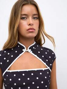 Nöista Áo crop top cổ tàu họa tiết chấm bi dáng ôm cho mùa hè, phong cách đi du lịch và thường ngày thanh lịch - Màu tím - Xem 6
