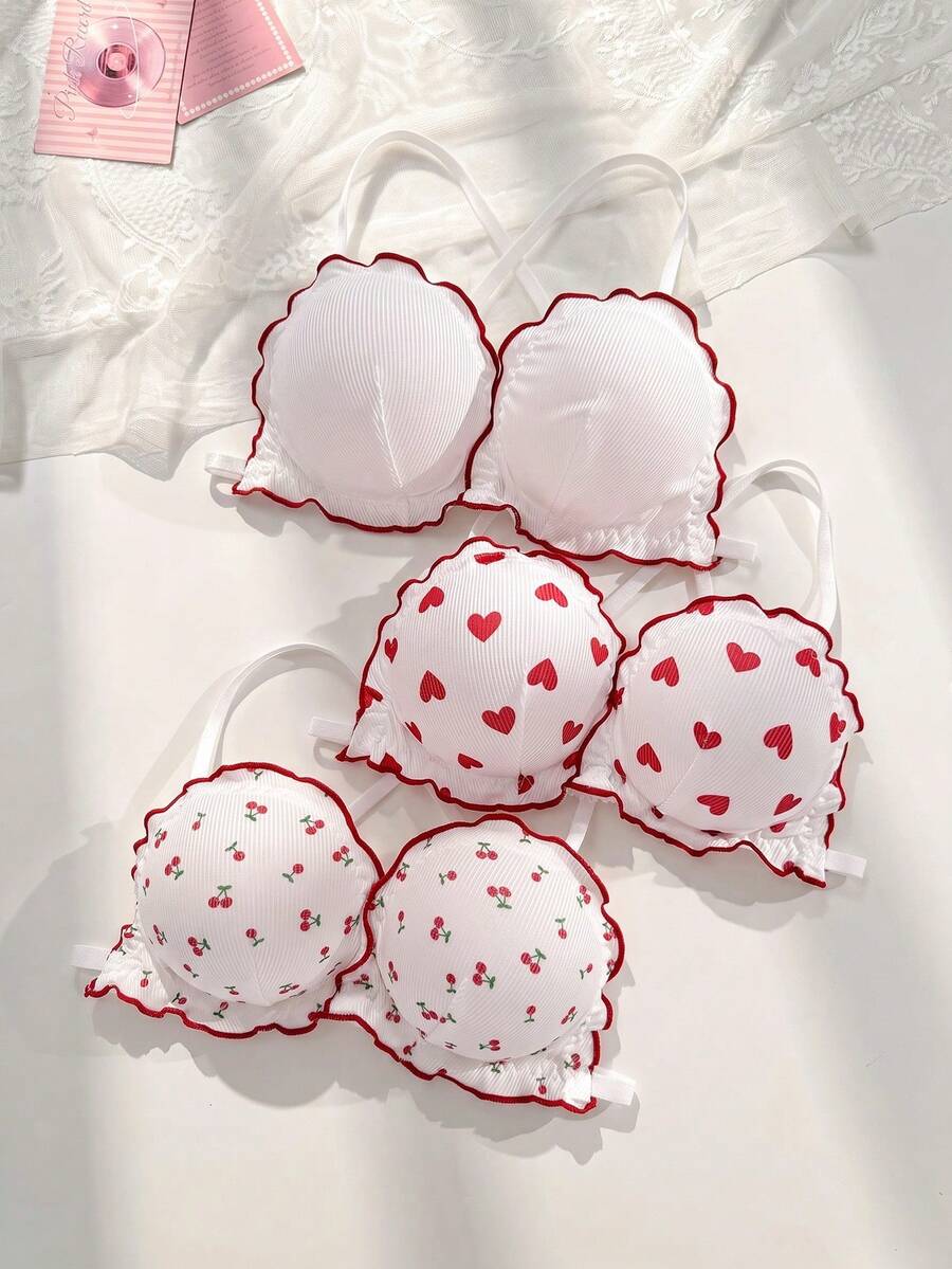 PetitDoll 3件組/套 女款甜美可愛印花交叉背無鋼圈內衣 - 彩色 - 查看 1