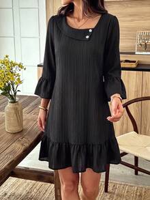 SHEIN LUNE Women's New Autumn Black Vertical Textured Asymmetrical Neckline Dress, 3/4 Ruffle Sleeve, Pearl Button, Loose Fit, Flattering Ruffle Hem Short Dress - Black - View 4