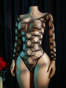 SpicyHot 1pc Sexy Women's Black Geometric Mesh Long Sleeve Backless Jumpsuit - Black - View 1