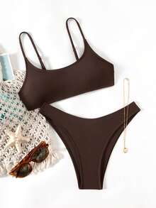 SHEIN Swim 纯色比基尼套装，适合海滩度假 - 咖啡棕 - 查看 2