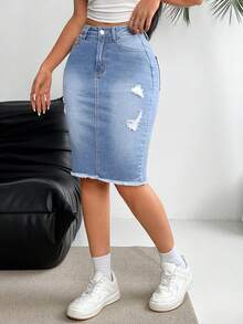EMERY ROSE Rok Denim Pas Badan Kasual dengan Ujung Robek, Musim Panas - Light Wash - View 6