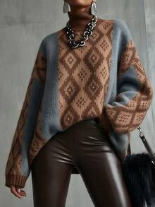 Glimmora Maillard Colorblock Diamond Jacquard American Vintage Streetwear Date Relaxed Fit Loose Crew Neck Slimming Drop Shoulder Oversized Sweater - Multicolor - View 1