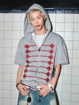 Street Life T-shirt à capuche zippé à manches courtes avec imprimé floral pour hommes