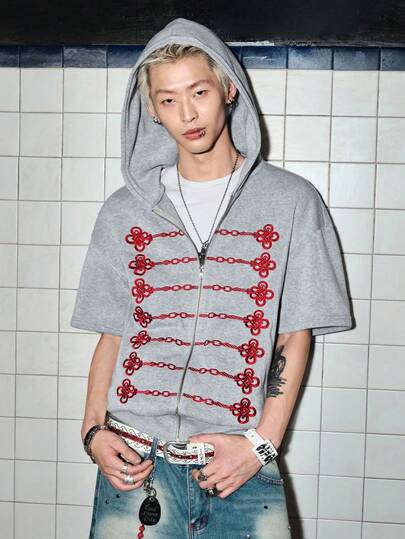 Street Life Camiseta con capucha de manga corta con cremallera y estampado floral para hombre
