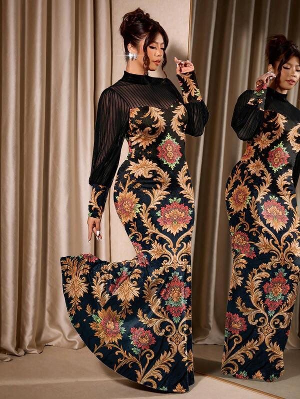 Cravure Vestido longo ajustado estilo sereia para mulher plus size, elegante, vintage francês de corte, com estampado floral grande, malha semitransparente, manga comprida e gola alta, para festa e encontro