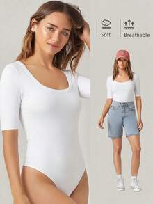 SHEIN BASICS 女款夏季休閒純色短袖連身衣 - 彩色 - 查看 3