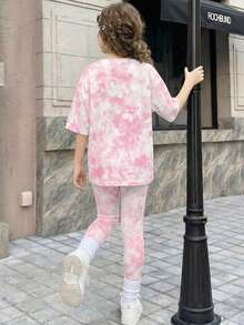 Young Girl Young Girls Simple Casual Short Sleeve Cartoon Pattern Leggings 2 Pieces Set - Multicolor - View 2