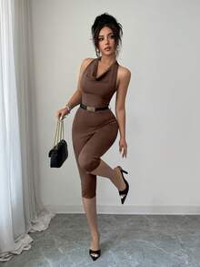 SHEIN Clasi 女款純色優雅成熟風垂領七分袖連身褲，適合夜晚外出、約會之夜，咖啡棕色，夏季款 - 棕色 - 查看 4