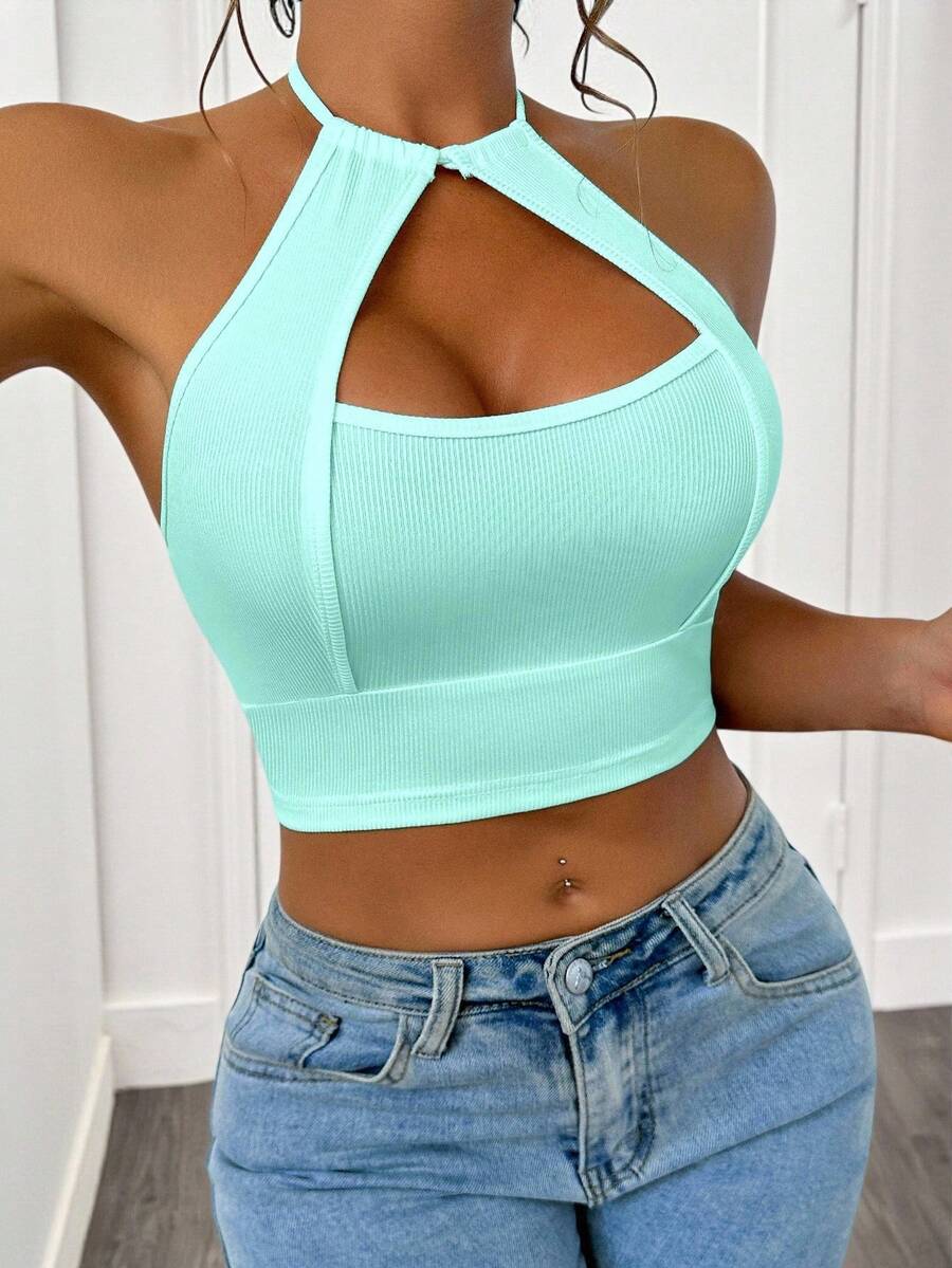 BamGleam Women Sleeveless Solid Color Spaghetti Strap Backless Hollow Ribbed Cropped Tank Top - Baby Blue - View 1