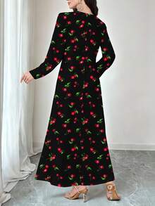 Al Najma 女士优雅V领长袖针织印花连衣裙，樱花印花，水果印花，适合叠穿，工作、约会、度假、休闲、派对、节日等场合，秋冬季长款连衣裙，飘逸连衣裙，植物印花连衣裙，黑色连衣裙 - 黑色 - 查看 2