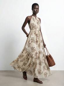 SHEIN LUNE Women's Vacation Cashew Print Fashionable Off-Shoulder Dress Beige Summer Boho - Apricot - View 5