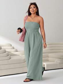 Solflare Olive Green Plus Size Women's Shirred Design Bandeau Long Jumpsuit - Olive Green - View 4