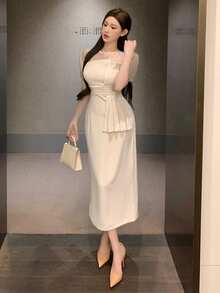 DAZY Gaun Pesta Teh Musim Panas Elegan Warna Beige untuk Wanita, Panjang Sedang, Gaun Tamu Pernikahan dengan Patchwork Jaring & Lengan Puff Berkerut, Gaun Prom Tanpa Bahu - Krem - View 5