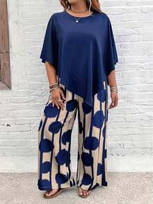 EMERY ROSE Plus Size Vacation Casual Solid Color Shirt And Striped Circle Print Pants Set - Multicolor - View 6