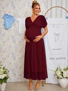 Loomaby Elegant Solid Color Maternity Party Dress - Burgundy - View 13