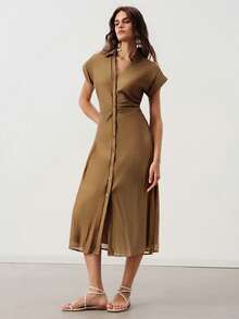 Aveloria Modichic Solid Color Minimalist Design Commuter Style Single-Breasted Cinched Waist Ruched Midi Dress For Women - Hot Pink - View 3