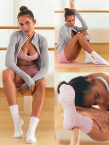 GLOWMODE 2-Pair Cotton Blend Powerhouse Pilates Grip Socks With Lettuce Trim & Anti-Slip Grips Daily Active Studio Wear - White + pink. - View 8