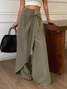 DAZY Solid Color Loose Tie-Up Elegant Street Casual Vacation Spring Autumn Wide Leg Pants Women Long Brunch Office Olive Green - Green - View 6