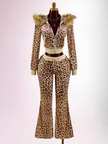 Amplova Women's Y2K 2000s Leopard Print Mini Pants Night Daily Beige Autumn - Brown - View 5