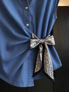 EMERY ROSE EMERY ROSE Women's Pleated Bowknot Strap Button Tank Top And Pocket Loose Long Pants Blue Set Brunch Summer French Casual - Medium Wash - View 6