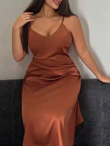 Dazy Plus Charming Glossy Satin Slim Fit Spaghetti Strap Long Plus Size Women Sexy Nightgown Spring Summer - Burnt Orange - View 2