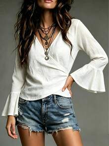 Glimmora Urlaub & Pendeln Vintage Langarm Top, Kreuzwickel V-Ausschnitt verdrehte Taille ausgestellte Ärmel amerikanischer Boho-Stil offene Vorderseite Damen Top - Weiss - Übersicht 4