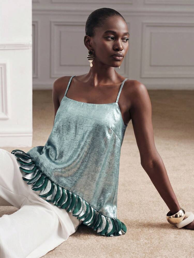 Aveloria Modichic Women's Top Loose A-Line Metallic Luster Spaghetti Strap Petal Ruffle Hem Elegant Sexy Party Night Out Cocktail Date Light Teal Solid New Year Summer - Blue - View 1