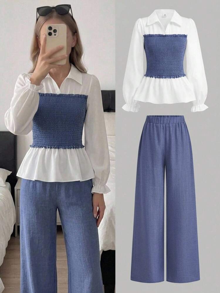 SHEIN Girlism Kids Teen Girls Shirt Co-Ords 2pcs/Set Elegant Long-Sleeve Color-Block Casual Workwear Top & Trousers Set (Baby Blue),ملابس للعودة المدرسية - Blue and White - View 3