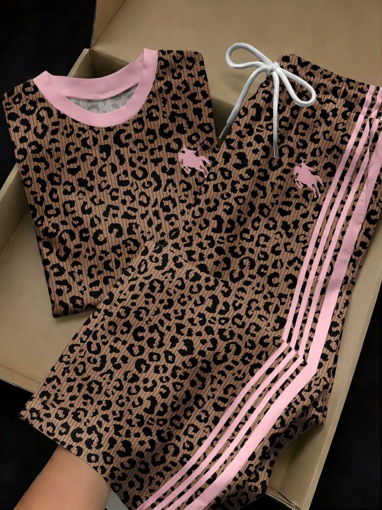 SHEIN EZwear Set 2 potong Atasan Lengan Pendek Leher Bulat Bordir dan Celana Motif Garis-garis, Kasual - MultiWarna - View 6