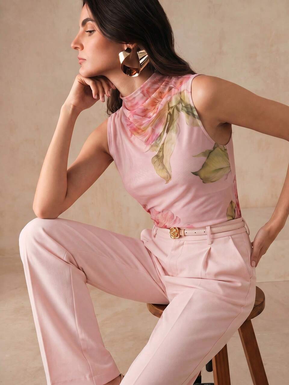 Women's Elegant Romantic Minimalist Semi-High Neck Pleated Large Flower Mesh Digital Print Sleeveless Fitted Top, Formal Brunch Date, Rose Pink Summer