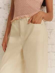 lacRébo Cream White Mid-Rise Relaxed Staight Leg Jeans With Five-Pocket Construction Cotton Brunch Summer Casual - Light Yellow - View 6