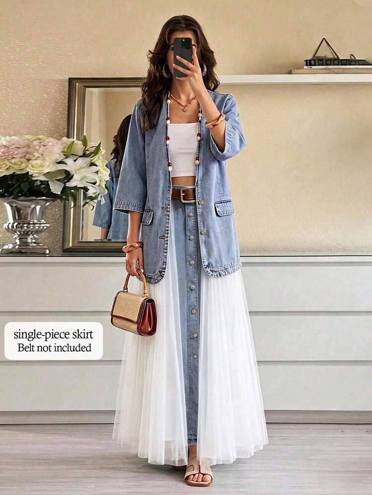 Selenza Plus Size Women's Contrast Mesh Single-Breasted Fashion Denim Skirt - Blue - View 3