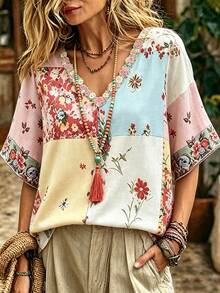 SHEIN Women's Vacation Casual Cottagecore Boho Colorblock Floral Print Blouse Light Blue Floral Summer - Multicolor - View 1