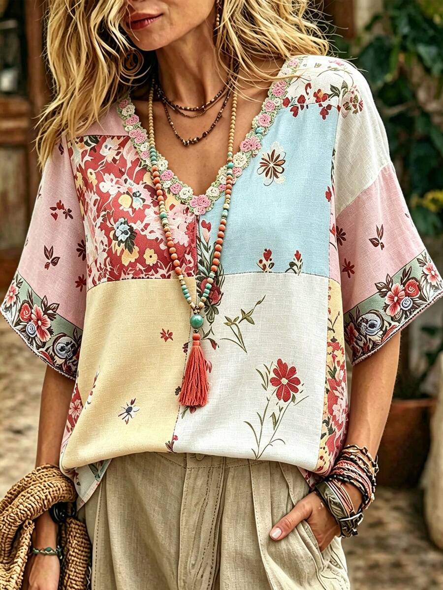 SHEIN Women's Vacation Casual Cottagecore Boho Colorblock Floral Print Blouse Light Blue Floral Summer - Multicolor - View 1