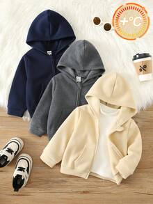 SHEIN 3件組男嬰秋冬休閒連帽外套套裝，杏色藍灰色連帽衛衣，基礎外套多件套，嬰兒外套，嬰兒衛衣 - 彩色 - 查看 5