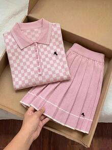 Comfortcana Plus Size Women's Tennis Style Checkerboard Knit Tank Top And Pleated Knit Skirt Set Fall - Pink - View 7