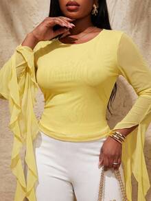 Radiana Plus Size Women's Spring/Summer Fashion Casual Sexy Fitted Asymmetric Multi-Layer Ruffle Extra Long Sleeve Crop Top Tee Shirt, Suitable For Autumn, Street, Shopping, Going Out, Party, Vacation - Yellow - View 1