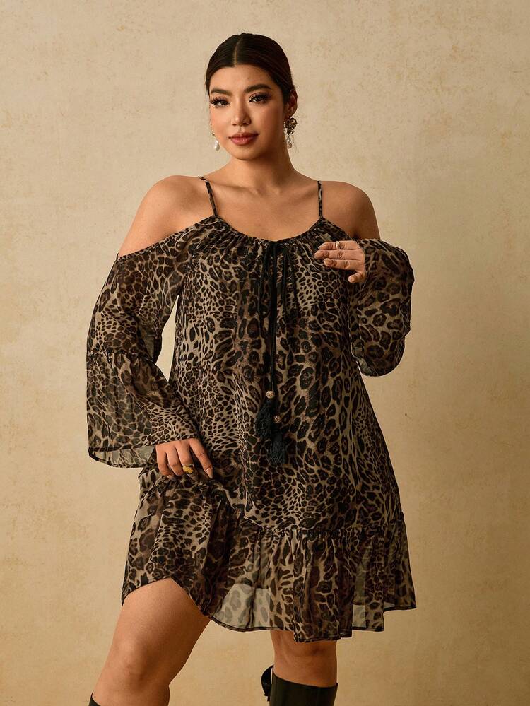 Travachic Plus Size Women's Leopard Print Front Tie Open Shoulder Long Sleeve Fashion Dress Rave Party Chocolate Brown Autumn Boho Sexy 70's - Brown - View 3
