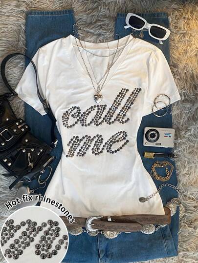 IslaSuriya Camiseta de manga corta con escote en V profundo, sexy, con estampado en caliente de strass pesado estilo Y2K para mujer, años 2000