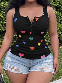 Slaydiva Blusa casual versátil ajustada con fruncido y estampado de corazones para mujer talla grande - Negro - Ver 7