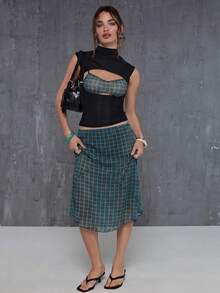 COUREZ Sheer Short Sleeve Top Fitted Cut Out With Mesh Under Layer / Y2K Summer Outfits For Women Black Cut Out Tops Going Out Outfits Rave Club Outfits Fall - Coffee Brown - View 2