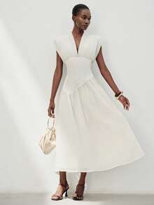 Aveloria Modichic Mixed Material Patchwork V-Neck Flutter Sleeve Ruched Padded Shoulder Women's Sleeveless Long Dress Elegant Off-White Chiffon Summer Wedding Dinner - Beige - View 5
