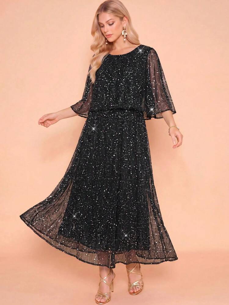 Amorya Women's Elegant Fashion Sequin Cape Dress For Evening Party Festival Outfits For Women Wedding Guest Dress  Sparkly Dress - Black - View 9