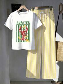 Comfortcana 2件組刺繡圓領短袖上衣與條紋印花長褲，休閒風 - 彩色 - 查看 4