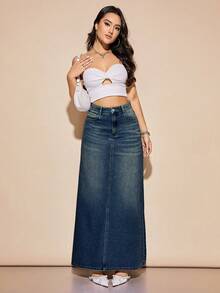 SHEIN EZwear 時尚百搭鈕扣口袋A字牛仔裙 - 霧霾藍 - 查看 4
