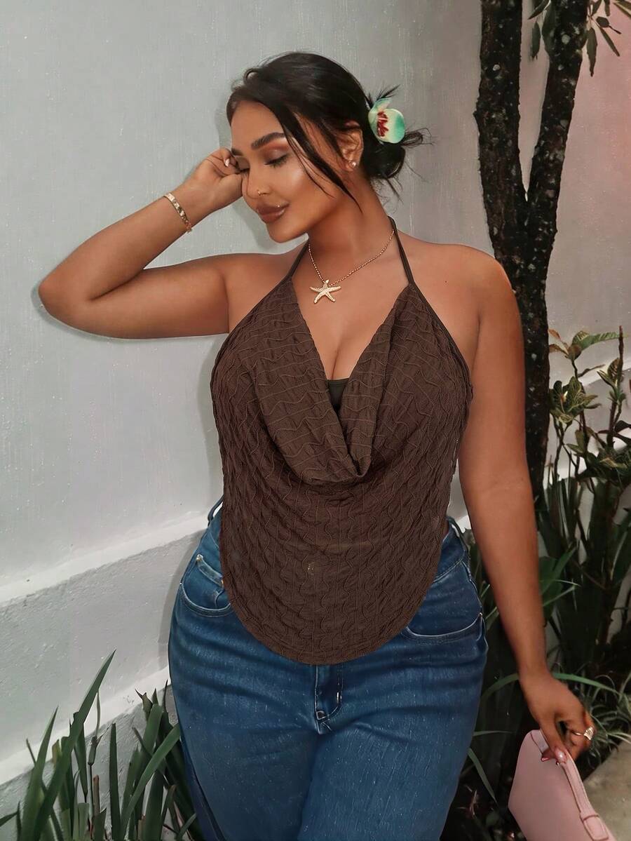 Firerie Plus Size Sexy Draped Neck Backless Top, Summer