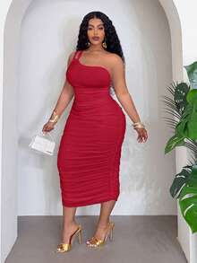 Slaydiva Plus Size Women Solid Color One Shoulder Ruched Casual Party Dress - Red - View 4