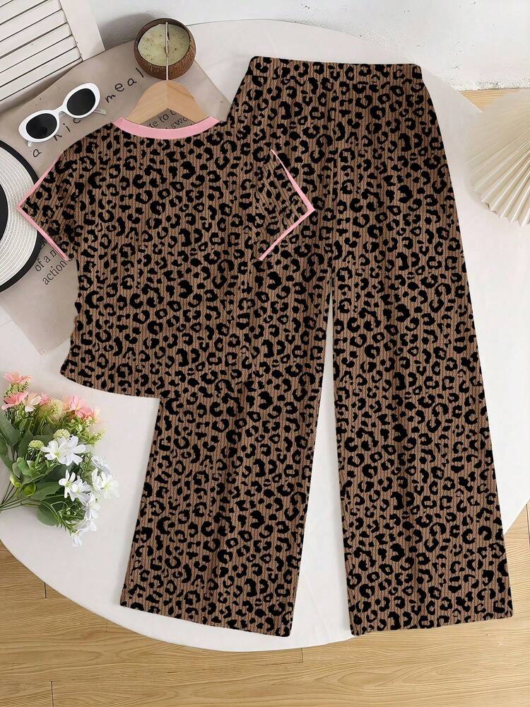 SHEIN EZwear Set 2 potong Atasan Lengan Pendek Leher Bulat Bordir dan Celana Motif Garis-garis, Kasual - MultiWarna - View 2