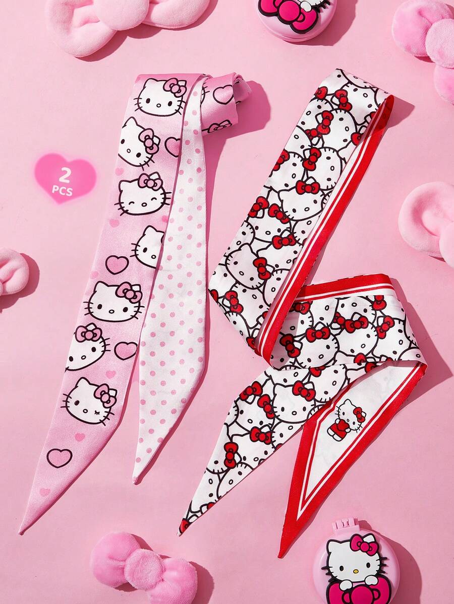 HELLO KITTY AND FRIENDS | SHEIN 2件組時尚女士黑色與紅色光滑柔軟緞面髮箍 波點格紋櫻桃緞帶絲巾，適合髮型造型、戶外旅行 - 彩色 - 查看 1